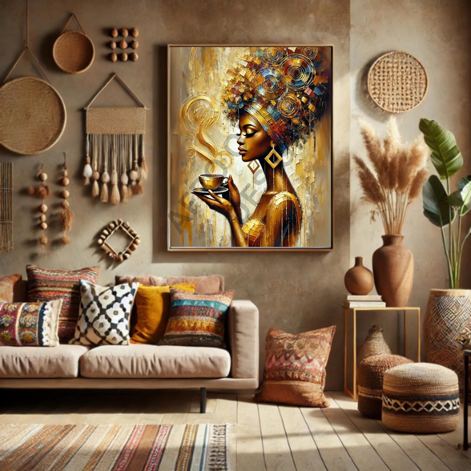 Golden Elegance Afrocentric Art Print, Tea Sipping Black Woman Digital