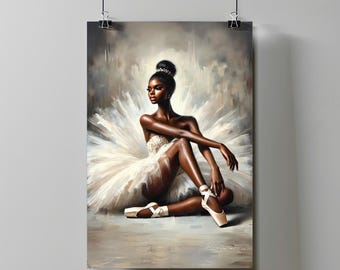 May include: A black ballerina wearing a white tutu and pointe shoes sits on a light brown background. The ballerina has a crown of pearls in her hair and is looking to the left.