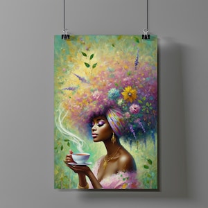 Afrocentric Woman with Flowers Art Print, Tea Lover Digital Artwork, African American Wall Decor, Instant Download