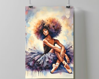 Black Ballerina Wall Art - Afro Ballet Dancer Digital Print  Elegant Dance Decor - Graceful Ballerina Painting  Instant Download