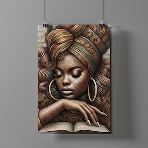 May include: A digital painting of a woman with brown skin wearing a colorful head wrap and large gold earrings. She is reading a book and her eyes are closed. The painting is done in a style that uses intricate lines and patterns.
