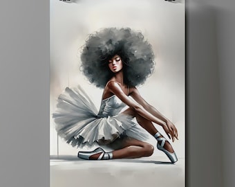 Elegant Afro Ballerina Digital Art – Graceful Ballet Dancer Print | Ethereal Black Ballerina Wall Art | Instant Download JPEG