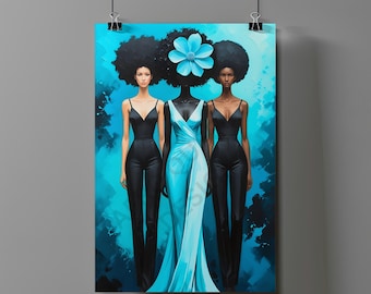 Black Art Print – Trio of Afro Chic Black Women in Blue and Black, Afrocentric Digital Download, Modern Black Girl Magic Wall Art