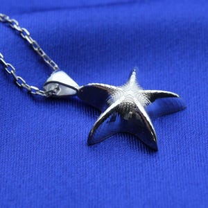 Pode incluir: Um colar prateado com um pingente de estrela-do-mar. O pingente é o ponto focal, contra um fundo azul vibrante. A corrente é delicada e a estrela-do-mar tem bordas detalhadas.