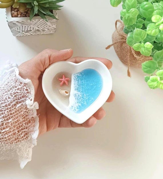 小さな陶器の小物入れ、海をイメージした装飾皿、手作り、ミニマリスト 