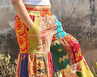 Pantalon palazzo kantha évasé fait main coloré, coton upcyclé, style festival bohème