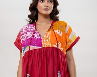 Sukienka Kantha One size, bawełniana, ręcznie robiona, jedyna w swoim rodzaju, w stylu boho hippie festival fashion, letnia bawełna, kieszenie po obu stronach,