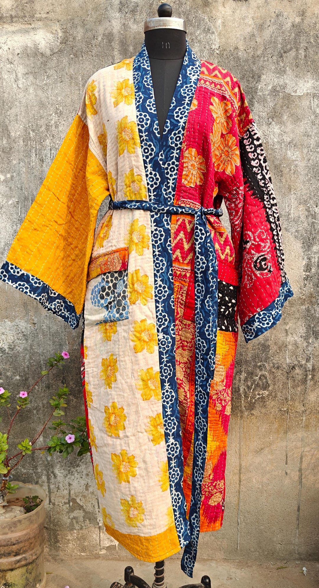 Kantha Robe Handmade Reversible Embroiderd Kantha Kimono Robe, Bohemian Indigo ...