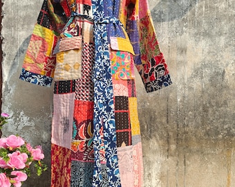 Peignoir kimono matelassé kantha réversible fait main, veste en coton patchwork bohème