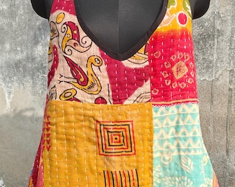 Reversible Kantha Halter Top, Upcycled Cotton, Boho Crop Top