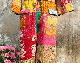Reversible Kantha Patchwork Overalls, Boho Jumpsuit with Pockets