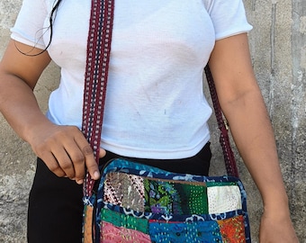 Colorful patch work Silk kantha Embroiderd Handmade  Boho Sling Bag: Ethnic Crossbody Travel Purse
