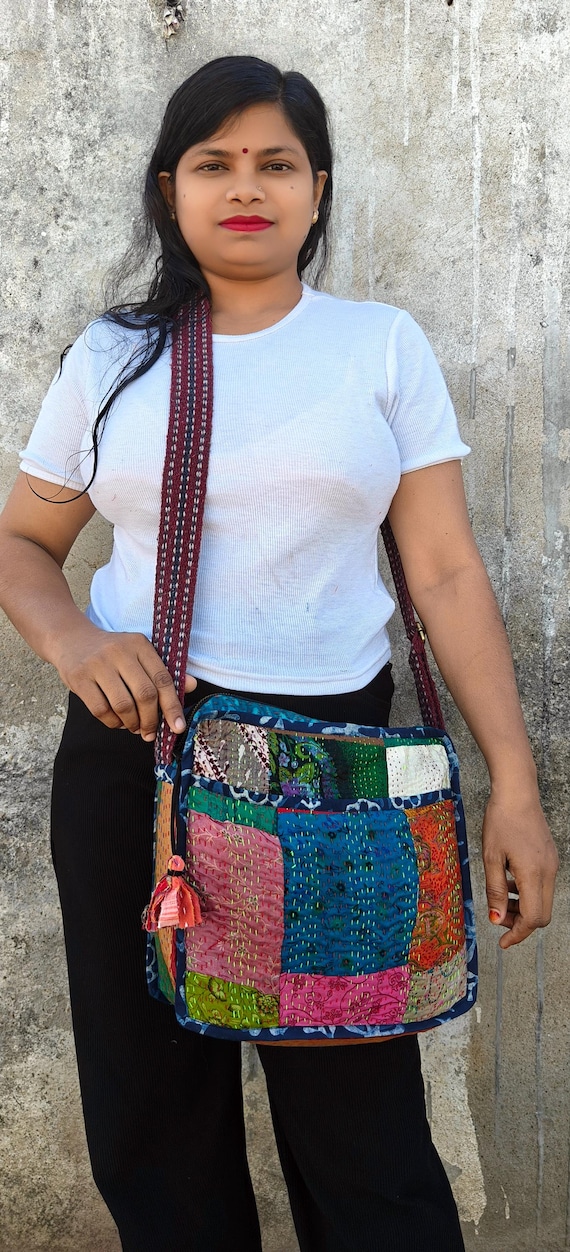 Colorful patch work Silk kantha Embroiderd Handmade  Boho Sling Bag: Ethnic Crossbody Travel Purse