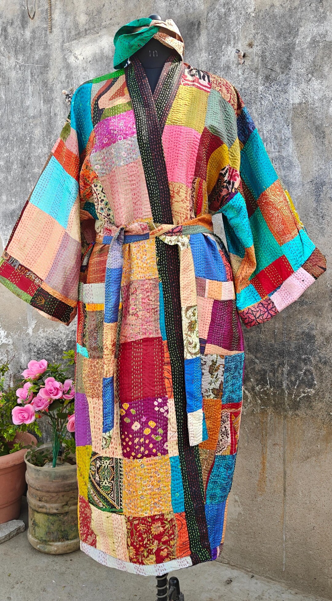 Kantha Robe Reversible Silk Kantha Kimono Robe, Bohemian Patchwork Jacket With ...