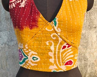 Reversible Kantha Halter Top, Upcycled Cotton Bralette, Boho Hippie Fashion
