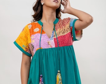 Sukienka Kantha One size, bawełniana, ręcznie robiona, jedyna w swoim rodzaju, w stylu boho hippie festival fashion, letnia bawełna, kieszenie po obu stronach,
