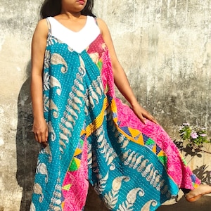 Reversible Kantha Overalls, Upcycled Cotton Romper Jumpsuit, Boho Hippie Dungarees, Plus size , Free Size