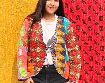 Colorfull Handmade Floral Kantha up-cycled Quilted Kimono, Reversible Cotton Boho Jacket,  cotton sari