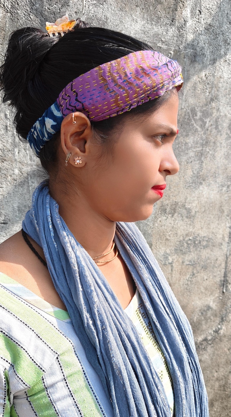 Bandeau torsadé en soie kantha recyclée, serre-tête extensible en tencel image 1