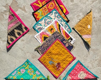 Ensemble de serviettes Kantha | Linges à vaisselle en coton recyclé faits main, décoration de cuisine bohème 9 pouces x 9 pouces, placement