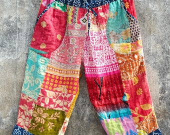 Handmade Reversible Kantha Capri Pants, Upcycled Patchwork Trouser