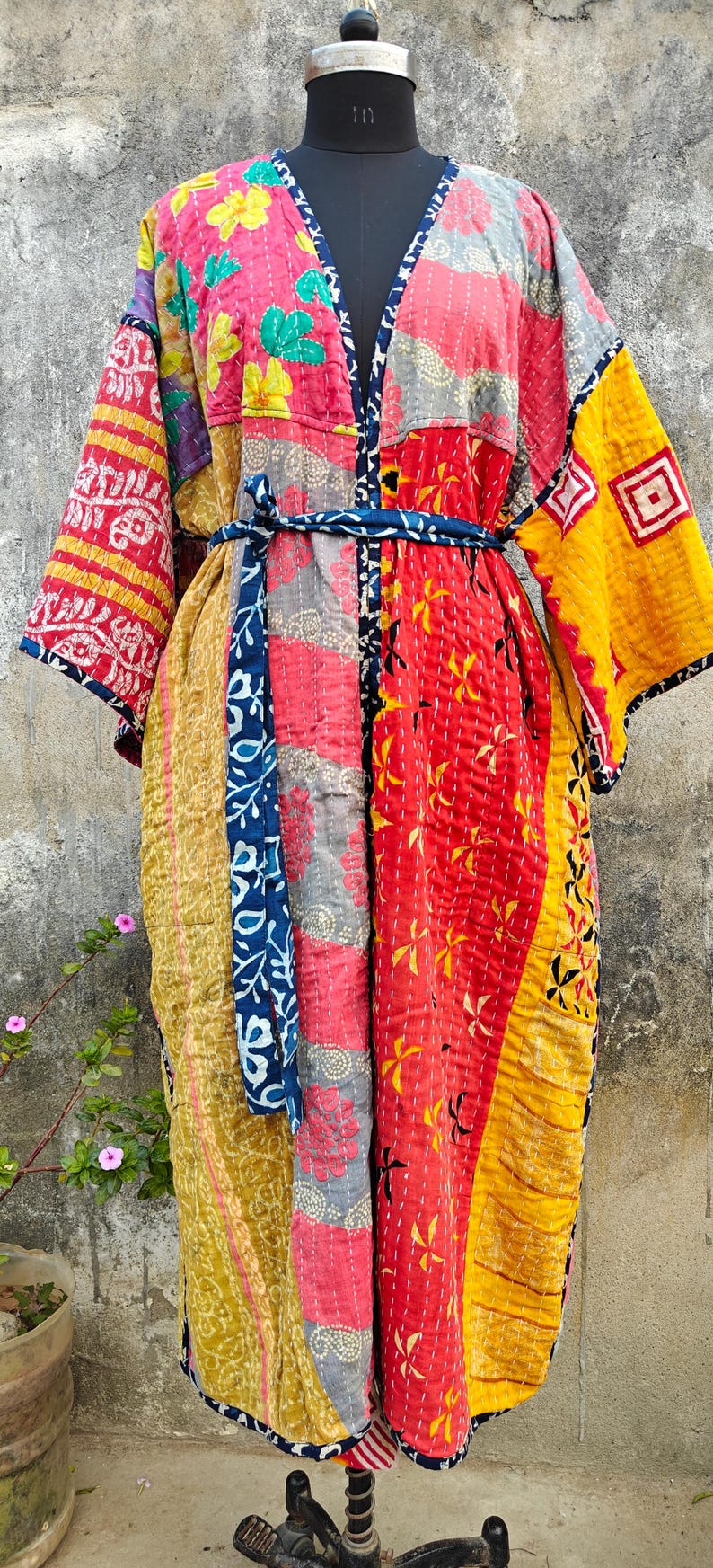 Kantha Robe Handmade Reversible Kantha Kimono Robe, Bohemian Indigo Print Cotton ...