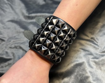 Handmade Pyramid Studded Punk Bracelet Genuine Leather Goth Wristband with Five Rows Blackened Nickel Studs Punk Cuff Handcraft Unisex
