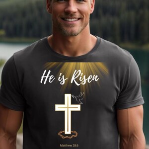 He Is Risen Easter T-Shirt, Christian shirt for Church, Easter Sunday shirt,  Mens Religious T-shirt. Resurrection Tee, Youth Leaders