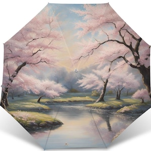 Vintage style Umbrella, Watercolour Sakura Blossom design, Japanese stream , Foldable Parasol, Rain or Sun,Cherry Blossom Print, Cottagecore