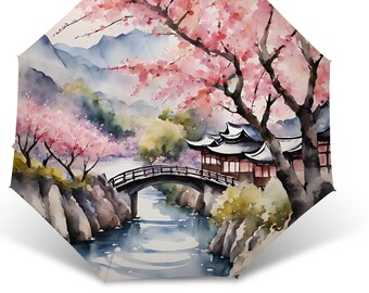 Vintage paraplu, aquarel ontwerp met sakurabloesem, Japans traditioneel huis, opvouwbare parasol, regen of zon, kersenbloesemprint