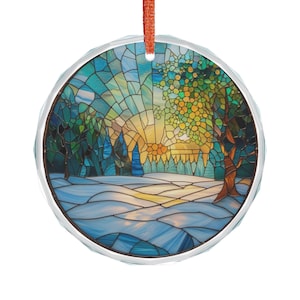 Snow Scene Stained Glass Christmas Ornament, Festive Christmas decorations, Stained Glass ornament, Winter decorations. Festive Season