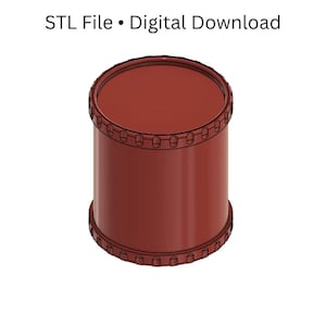 May include: A cylindrical, reddish-brown object with a flat top and bottom, and a series of small, oval-shaped indentations around the top and bottom edges. The text "STL File • Digital Download" is above the object.