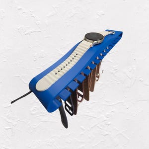 May include: A blue watch band organizer with a white watch and several watch bands in various colors. The organizer is designed to hold multiple watch bands, keeping them neatly displayed. The watch has a white band.