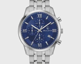 New Bulova Sutton Chronograph Blue Dial Stainless Steel Men's 41mm Watch 96B476