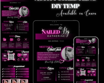 May include: A pink and black digital template for scheduling appointments. The template features the text "NAILED By KATHERINE" and "MEET YOUR Nail Tech". The template is available on Canva.