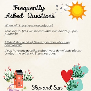 Puede incluir: Un gr&aacute;fico con un sol, p&aacute;jaros y una casa con un coraz&oacute;n rojo. El texto dice "Frequently Asked Questions" e incluye informaci&oacute;n sobre descargas digitales. El texto tambi&eacute;n dice "Skip and Sun".