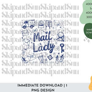 Peut inclure: Illustration dessin&eacute;e &agrave; la main en bleu et blanc d'un facteur avec le texte "Mail Lady" entour&eacute; d'objets li&eacute;s au courrier comme des enveloppes, des cl&eacute;s et un camion postal.