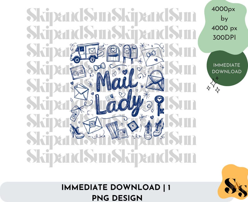 Peut inclure: Illustration dessin&eacute;e &agrave; la main en bleu et blanc d'un facteur avec le texte "Mail Lady" entour&eacute; d'objets li&eacute;s au courrier comme des enveloppes, des cl&eacute;s et un camion postal.