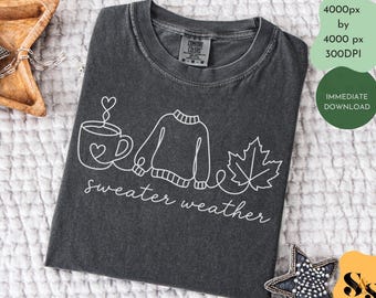 PNG de clima de suéter, taza de café acogedora de otoño con diseño de sublimación, camiseta de hojas de otoño PNG, descarga digital de temporada de suéteres