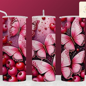 Vibrant Pink Butterflies and Cherries Tumbler Wrap Sublimation Design - Digital Download for Cheerful Drinkware Decor