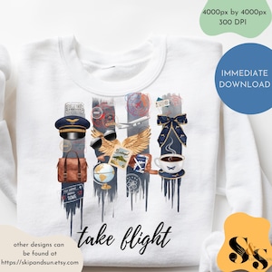 May include: White sweatshirt with a graphic design of a blue airplane with wings, a globe, a coffee cup, a pilot's hat, sunglasses, and a brown suitcase. The graphic is surrounded by stamps and the text "take flight".