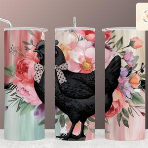 Whimsical Black Chicken with Polka-Dotted Bow Tie - Floral Background Tumbler Wrap Sublimation Design DIGITAL DOWNLOAD