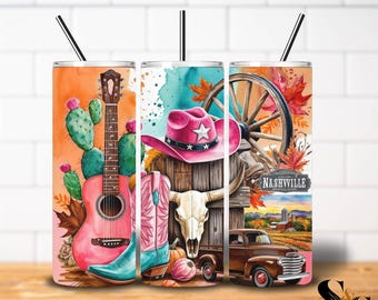 Nashville Western Tumbler Wrap PNG | Pink Cowboy Hat and Boots Sublimation Design | Rustic Country 20oz Skinny Tumbler DIGITAL FILE***