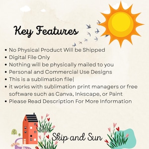 Puede incluir: Un archivo digital para impresi&oacute;n por sublimaci&oacute;n con una linda ilustraci&oacute;n de una casa con techo rojo y un sol con p&aacute;jaros volando a su alrededor. El texto "Skip and Sun" est&aacute; debajo de la imagen.