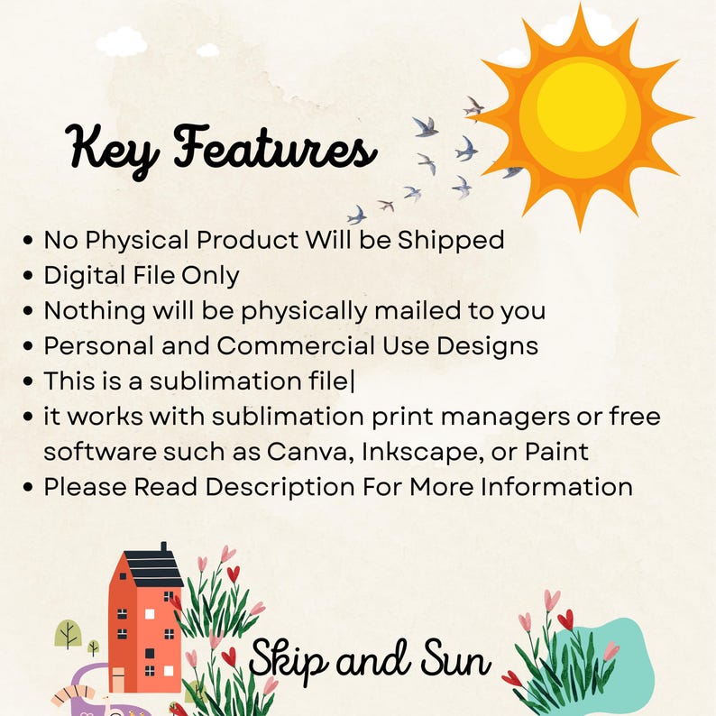 Puede incluir: Un archivo digital para impresi&oacute;n por sublimaci&oacute;n con una linda ilustraci&oacute;n de una casa con techo rojo y un sol con p&aacute;jaros volando a su alrededor. El texto "Skip and Sun" est&aacute; debajo de la imagen.