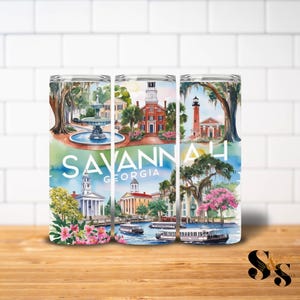 Savannah GA Tumbler Wrap, Sublimation Design, Bridal Party, Girls&#39; Trip, and Event Gift – Southern Landmarks Pastel Design DIGITAL DOWNLOAD