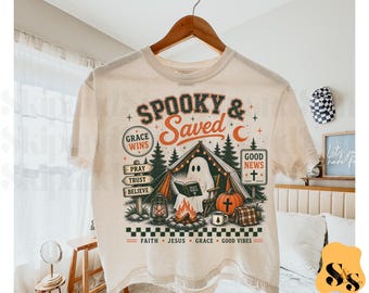 PNG espeluznante y salvado, diseño de sublimación de campamento de fantasmas cristiano de Halloween, PNG de camiseta de fantasmas bíblicos basada en la fe, descarga digital Grace Wins