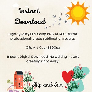 Puede incluir: Una ilustraci&oacute;n digital de un coraz&oacute;n rojo, una casa con un techo rojo y un sol amarillo con p&aacute;jaros volando a su alrededor. El texto "Skip and Sun" est&aacute; debajo de la imagen.