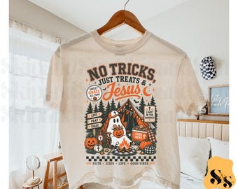 Sin trucos, solo dulces y Jesús PNG, diseño cristiano de Halloween para acampar con fantasmas por sublimación, camiseta de truco o trato basada en la fe PNG, digital
