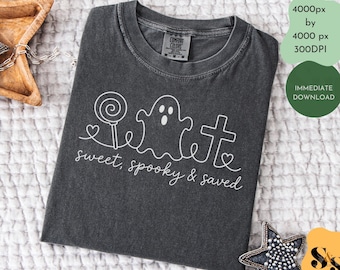 Dulce, espeluznante y salvado PNG, diseño de sublimación de arte lineal de fantasma cristiano de Halloween, camiseta de piruleta con cruz basada en la fe PNG, descarga digital